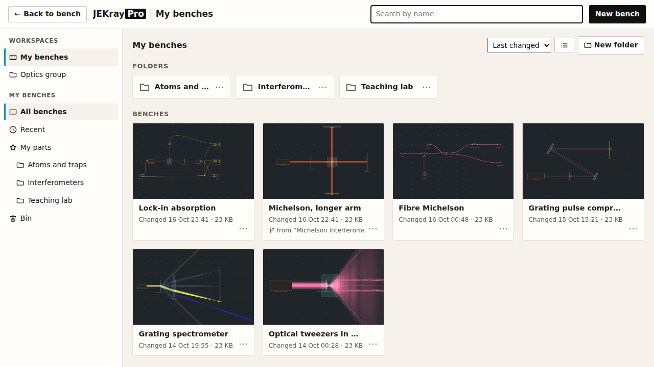 My benches in JEKrayPro: folders down the side and saved benches as cards with their pictures