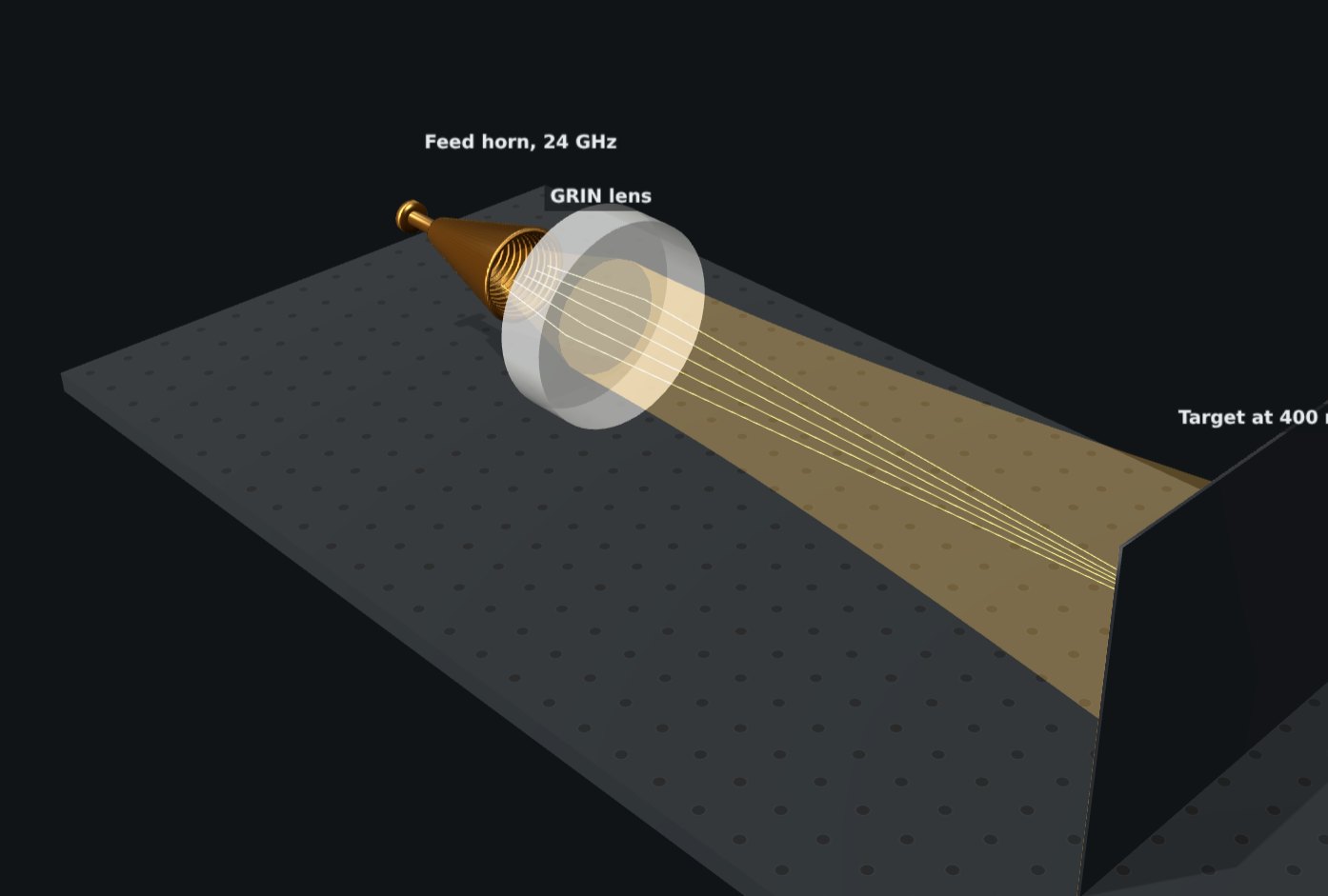 A graded-index RF lens on a 24 GHz feed horn, in JEKray's 3D view